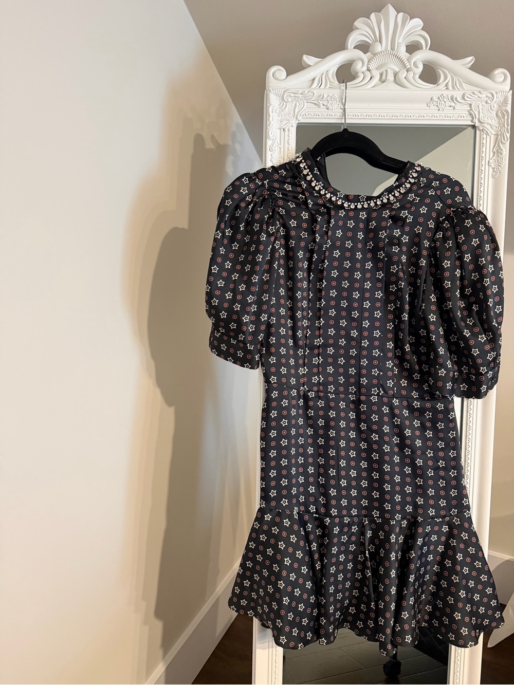 Sandro Black Puff-Sleeve Star & Floral Mini Dress